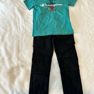 Champion Kids Aqua Short Sleeve Tee & Black Cargo Jeans- Size 5